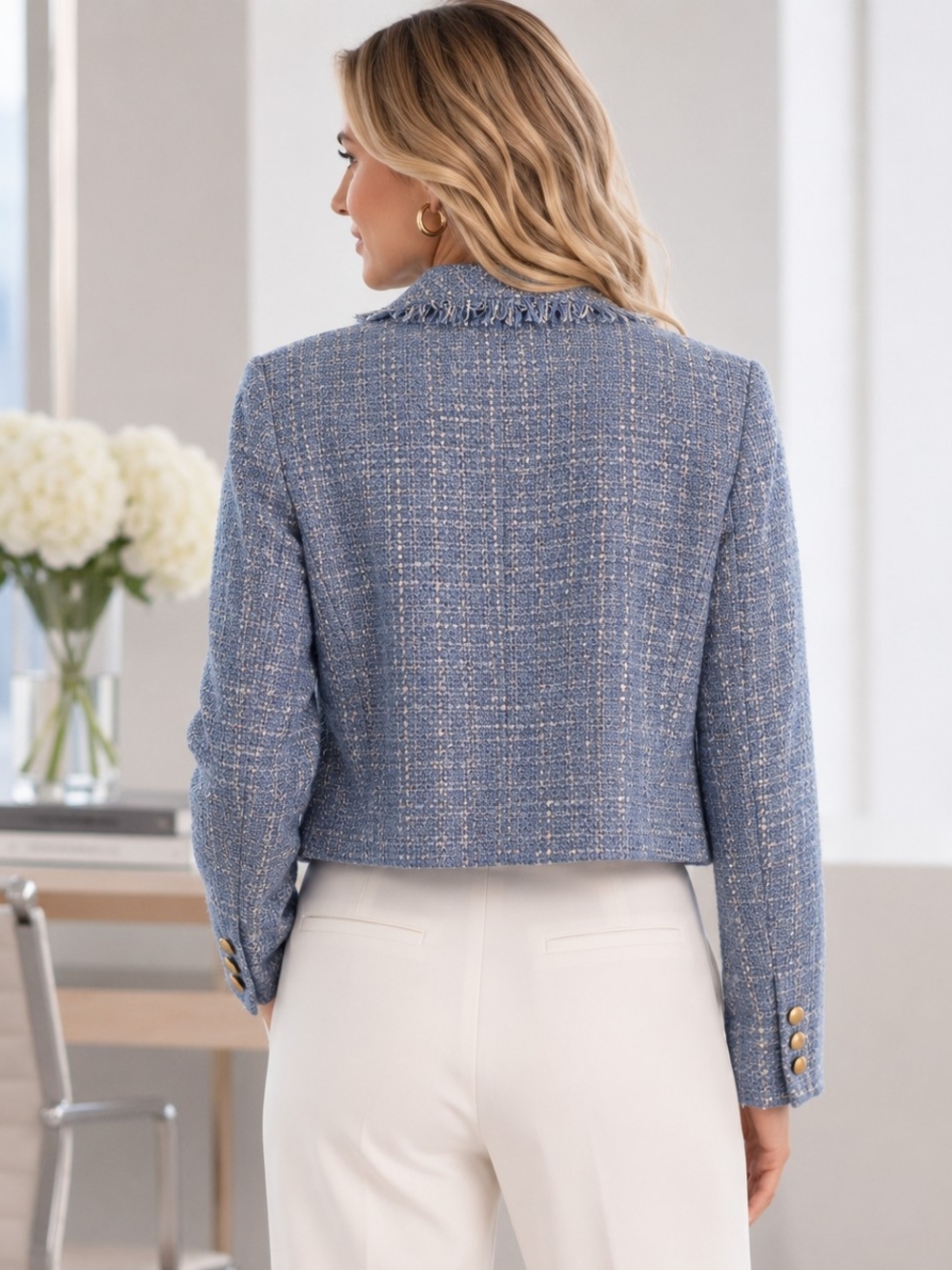 Donna Karan New York Light Blue Tweed Fringed Cropped Blazer Old Money Capsule - Picture 2 of 10